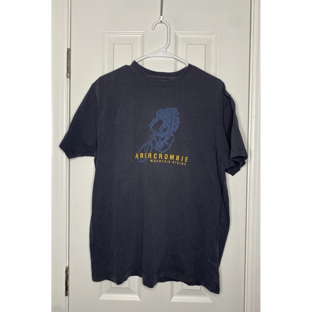 Y2K Abercrombie Mens Cotton Mountain Biking T-Shirt Faded Blue XL